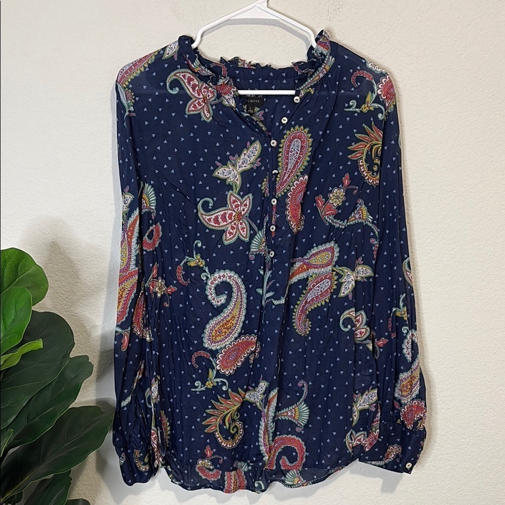 Talbots 100% cotton Blue Pink Ruffled collar long sleeve button Large Blouse